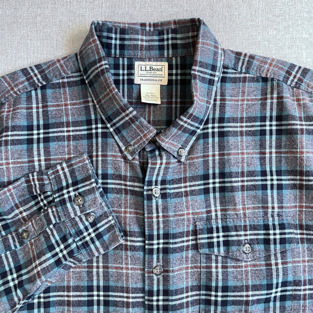 LL Bean Traditional Fit Plaid Long Sleeve Button Up Shirt Mens XXL Reg Blue Aqua